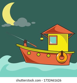 el barco navega por la noche en agua de media luna azul 
