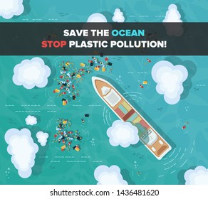 
Ship Sails In The Ocean Among The Garbage, Bottles And Plastic. Ecological Poster. Stop Ocean Plastic Pollution.   Vector Illustration Of Dirty Trash In Ocean. View From Above.