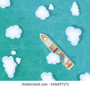 Сontainer ship sails in the ocean. Vector Illustration. View from above. Сlouds over the ocean.