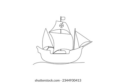 A ship sails on the ocean. Colombus day one-line drawing