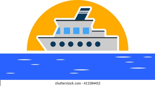 Ship sails on the sea in the background of the sun