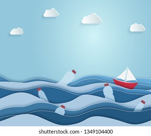 The ship sails on the sea littered with plastic waste. Ecological blue poster. paper art and digital crafts style. Vector illustration.