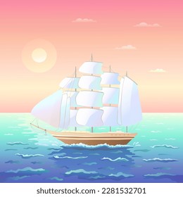 A ship with sails sails on the sea waves with highlights against the background of the setting sun and an orange sunset. A four-masted ship. Seascape. Square background. Vector illustration.