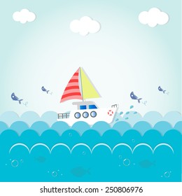 ship sails on the sea,greeting card,vector illustration
