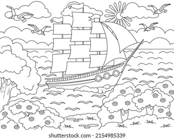 Ship sails on the waves. Big sailboat and the nature of the island. Vector page for printable children coloring book.