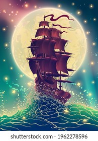 Ship with sails on the waves with water splashes in the sea or ocean over starry sky and moon light illustration in vector. Digital high detailed fantasy landscape drawing.