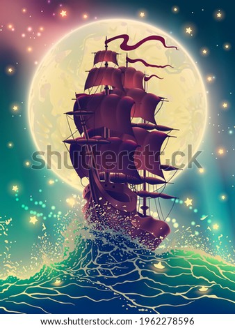 Ship with sails on the waves with water splashes in the sea or ocean over starry sky and moon light illustration in vector. Digital high detailed fantasy landscape drawing.