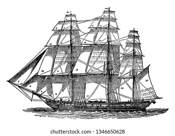 Barco Vela es una pieza de tela o tejido de algún tipo esparcido al viento para impulsar o ayudar a impactar un buque a través del agua, dibujo de la línea de vintage o ilustración de grabado.