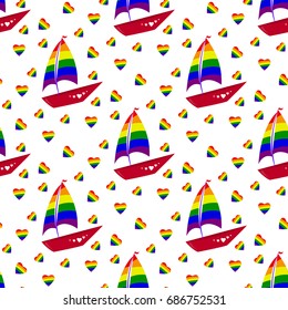 Ship with sails and red board. Seamless pattern with hearts. Cartoon style. Vector illustration
