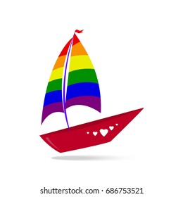 A ship with sails and a red board with white hearts. Color lgbt. Vector illustration. Cartoon style