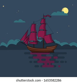 Ship with sails sailing in sea at night in light of full moon and under starry sky. Poster, print, postcard. Vector illustration