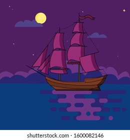 Ship with sails in sea at night under starry sky with moon. Poster, print, postcard. Vector illustration