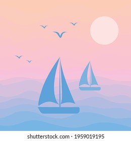 Ship sails in the sea at sunset