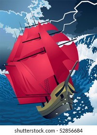 The ship with scarlet sails during a storm.