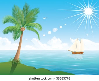 A ship at the sea in the background. Palm tree in the foreground. The sun is shining in the sky.