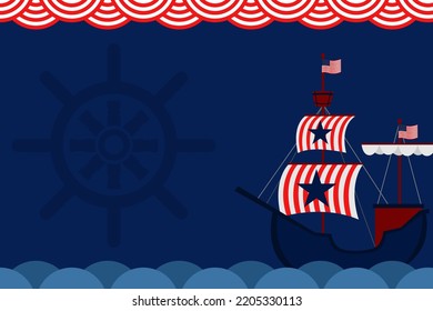 Ship and Sea Background with Ship Wheel Silhouette for Columbus Day Celebration with Copy Space