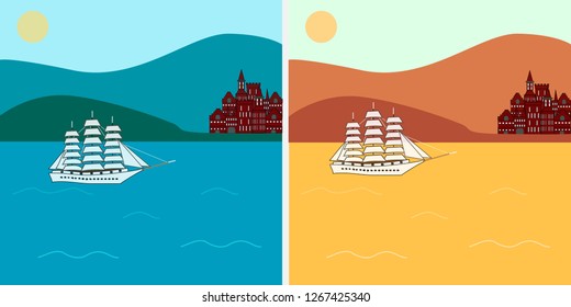 Ship in the sea castle in the distance vector design