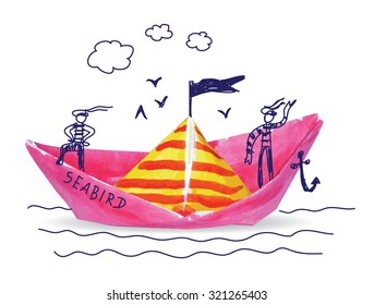 Ship sea child doodles and paper object. Isolated ship and doodles hand draw. Color vector illustration. EPS8