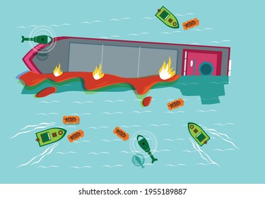 Ship Sea Disaster or terrorism concept. Editable Clip Art.