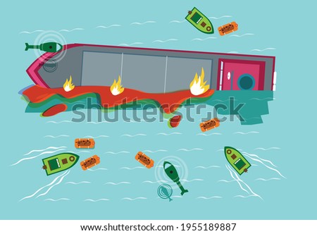 Ship Sea Disaster or terrorism concept. Editable Clip Art.