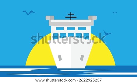 Ship in the Sea Frontal View with Sun and Seagulls Flat Style. Marine vehicles and transportation means vector art