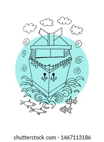 Ship in the sea hand drawn image on blue round background for postcard, tour advertising, travel blog picture, children book or coloring copybook. Vector, eps10 