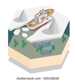 Ship in the sea ice. Isometric. Vector illustration.