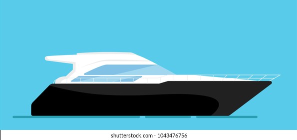 Ship at the sea, modern boat shipping in ocean. Beautiful elite, luxury yacht isolated on blue background. Realistic simple design. Icon and logo. Cartoon flat style vector illustration.