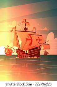 Ship In Sea On Sunset Happy Columbus Day National Usa Holiday Concept Flat Vector Illustration