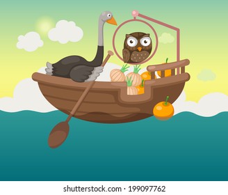 ship in the sea with owl and ostrich