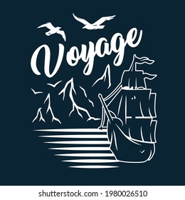 Ship for sea print. Marine sailboat for sailor t-shirt. Nautical design emblem with float boat or vessel