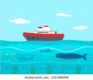Ship in the sea with scenery of the underwater world and various fishes flat vector illustration
