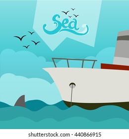 ship at sea shark seagulls calm