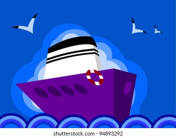 The ship in the sea, the sky, clouds and seagulls.