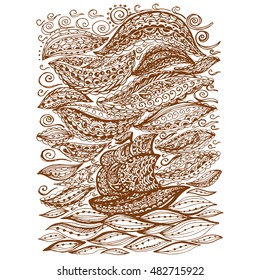 Ship in the sea and storm. Graphic illustration of a boat. Paisley doodle tattoo style. Travel and adventure. Coloring pages for adult.