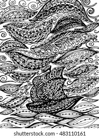 Ship in the sea and storm. Graphic illustration of a boat. Paisley doodle tattoo style. Travel and adventure. Coloring pages for adult.