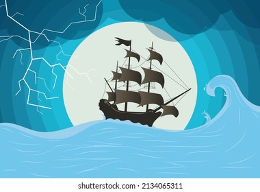 Ship in Sea Storm with thunder.
There are water wave, cloud and thunder. Vector art with rounded shape.