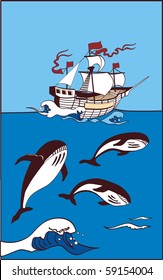Ship in the sea and there are whale at