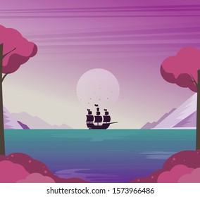 Ship in the sea vector, flat illustration