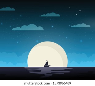 Ship in the sea vector, flat illustration