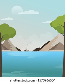 Ship in the sea vector, flat illustration