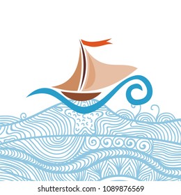 Ship and sea. Vector illustration