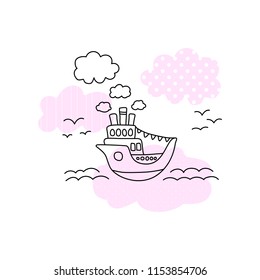 Ship in sea vector illustration with black line on white background. Cute ship in sea print for girl. Cruise liner with pink pattern patch. Ocean liner line art. Seascape with ferry, sea wave, seagull