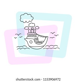 Ship in sea vector illustration. Summer poster on white background. Cute cruise liner child print. Cartoon seascape with vintage ship, clouds, sea wave and seagulls. Doodle style cruiseliner icon 