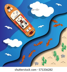 A ship at sea.  View from above. Vector illustration. 