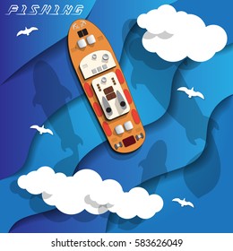 A ship at sea. View from above. Vector illustration.
