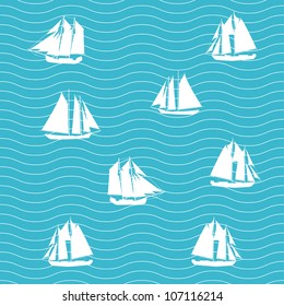 Ship and sea wave. Vector seamless background.