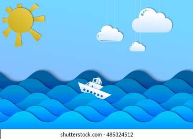 Ship In The Sea Waves Illustration, Paper Cut Effect Background