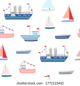 Ship seamless pattern. Vector background with nautical elements. Ships and boats pattern. Sea theme digital paper