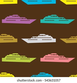 Ship seamless pattern. Vector illustration for nautical design. Bright yacht, ship, sailboat transport pattern. Marine sea boat wallpaper background. Cartoon silhouette shape wrapping pattern